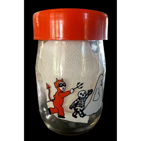 Vintage Carlton Glass Halloween Jar With Orange Lid & Trick-Or-Treat Characters - Picture 4 of 5